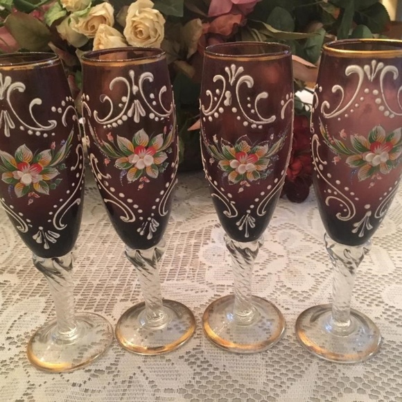 Vtg Bohemian Czech Enamel Champagne Flutes